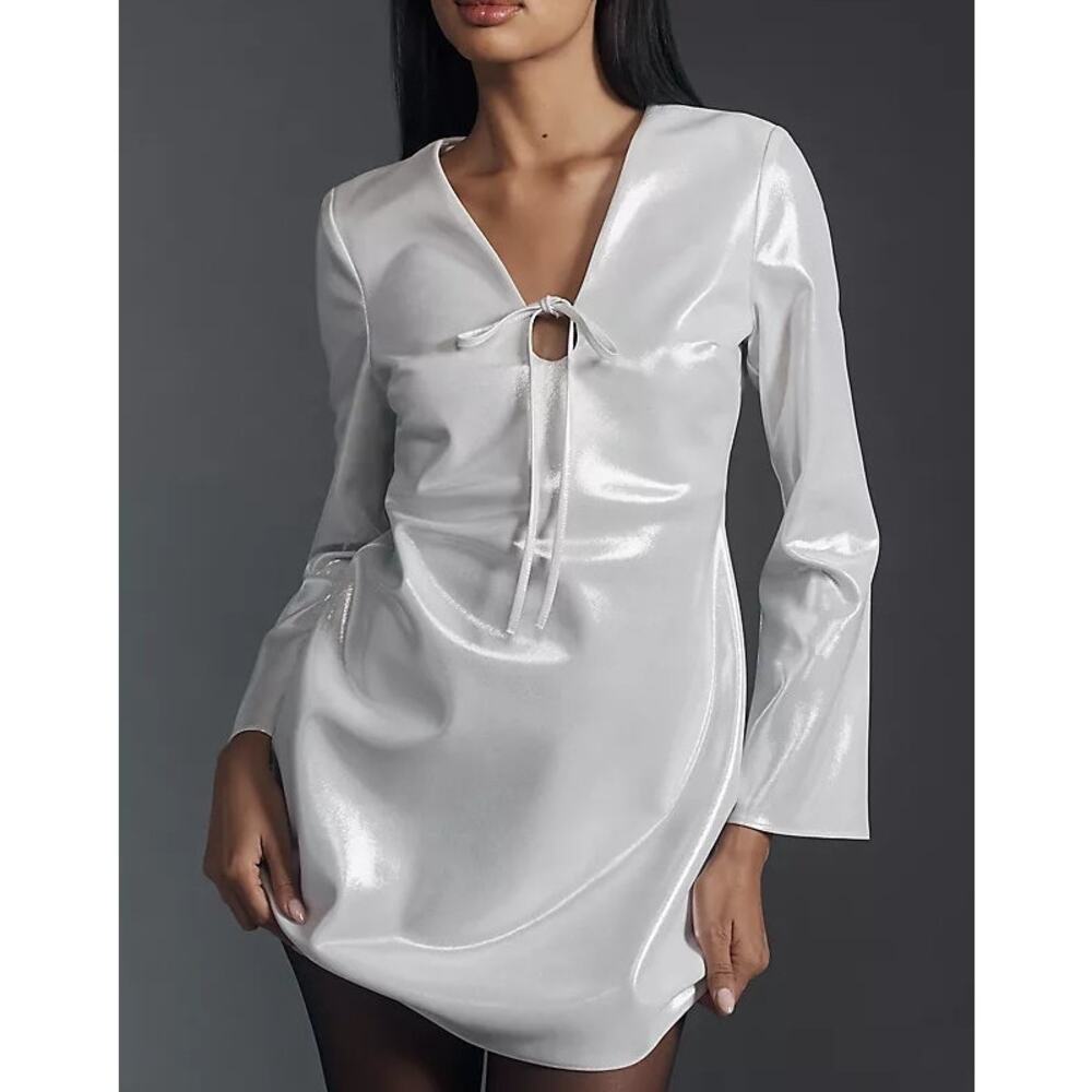 Anthropologie Long-Sleeve V-Neck Metallic Mini Dress White XS